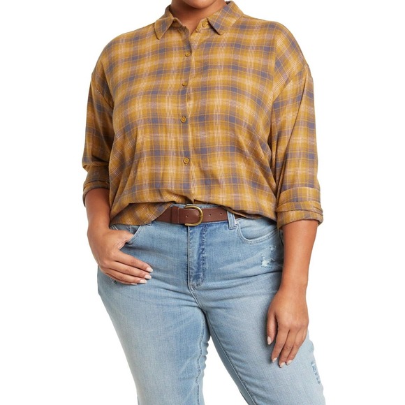 Abound Tops - Abound NWT Women's Button Down Plaid Shirt Flannel Sz S Tan Pink Orange Long Slv